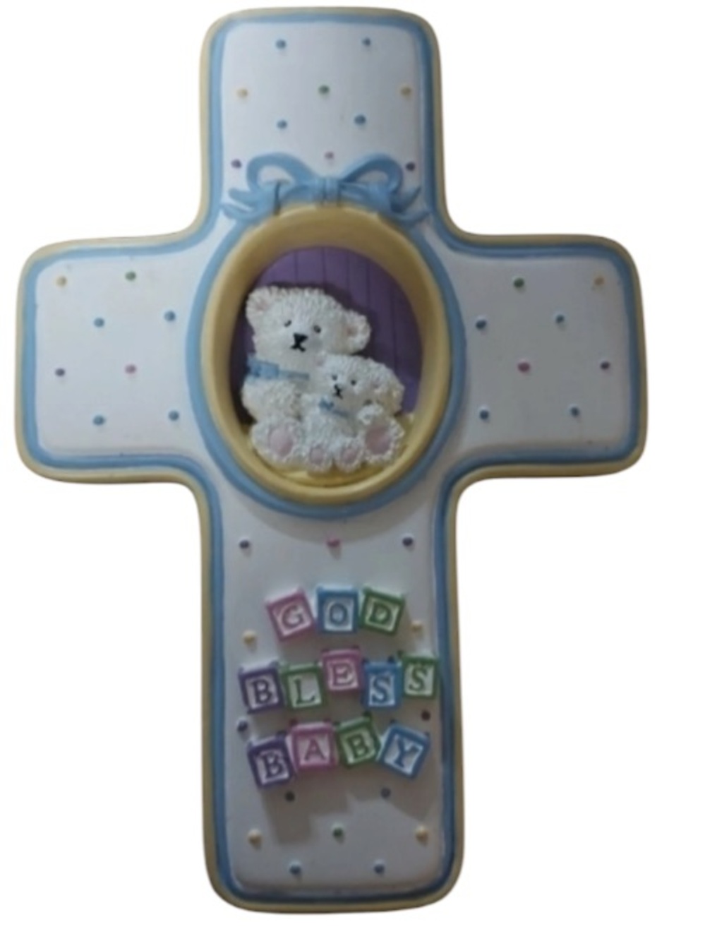 Vtg Inspirio '02 Zondervan Wall Cross Plaque “God Bless Baby”  2 Bear Blocks